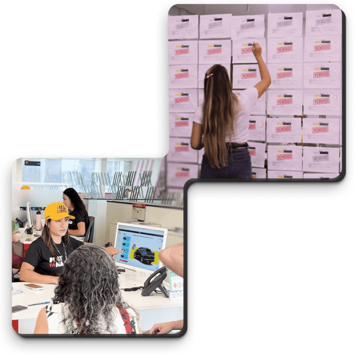Como batemos metas de vendas em apenas 6 dias Duas fotos em estilo polaroid. Na foto de baixo, uma mulher com um boné amarelo e uma camisa preta e outra de costas, com cabelo cacheado, estão em frente a um laptop que exibe a imagem de um carro preto. Na foto de cima, uma mulher com cabelos longos está de costas, escrevendo em uma parede de caixas com a palavra "vendido" em cada uma delas.