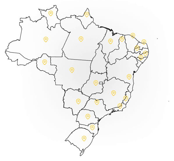 Super Mega Vendas em 26 estados do Brasil Um mapa escuro do Brasil, com as fronteiras dos estados e 26 marcadores de localização amarelos, indicando pontos em diferentes regiões do país, como São Paulo, Rio de Janeiro, Bahia e Minas Gerais. Neles estão os pontos de atuação da Super Megavendas em diversos estados brasileiros.